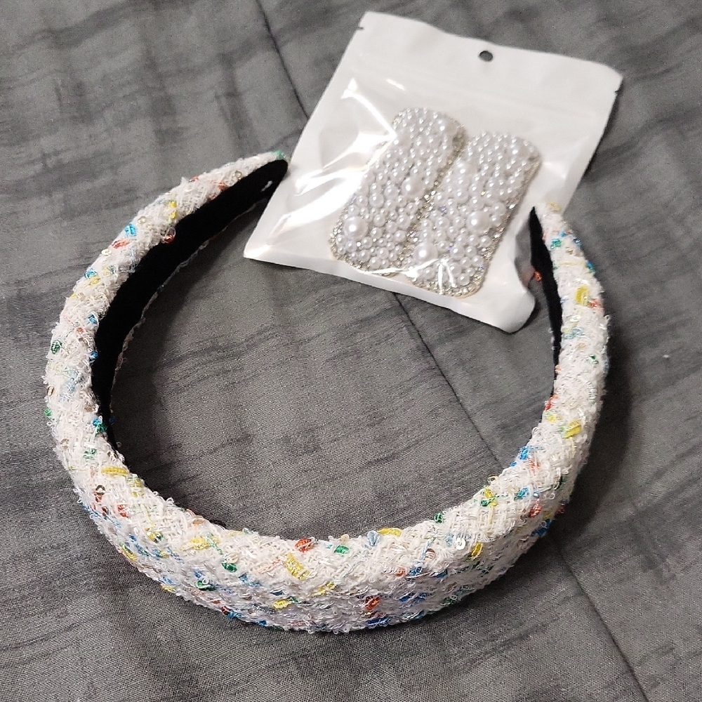 Colorful Tweed Headband with Pearl Hair Clips